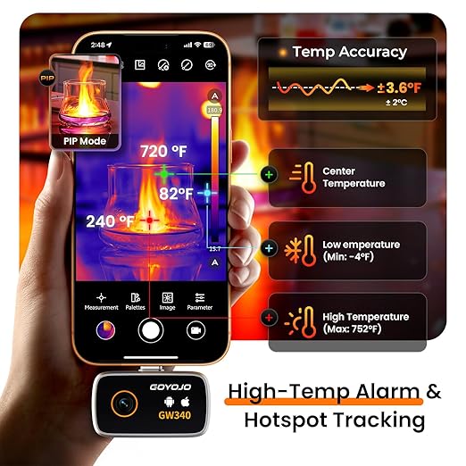 GW340 Thermal Camera for iPhone/Android/Tablet, 512x384 Super IR Resolution, Thermal Imager iOS 17/16/15 Series & iPads USB-C Port, 256x192 IR Resolution Home Inspection, HVAC, Automotive -4°F~752°F