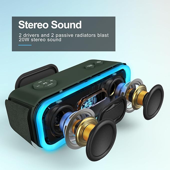 DOSS SoundBox Pro Bluetooth Speaker, 20W Stereo Sound, Active Extra Bass, 20H Playtime, Multi-Colors Lights, Wireless Stereo Pairing, IPX6 Waterproof for Garden, Hiking, Camping-Cypress Green