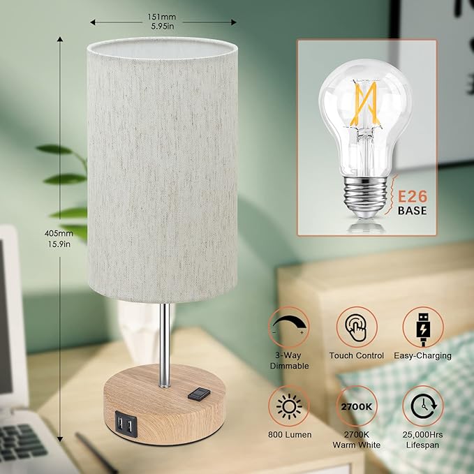 Table Lamps Set of 2 Touch Control, 2 USB Charging Ports&AC Outlet, 3-Way Dimmable Bedside Nightstand Lamp with Flaxen Fabric Shade and Wooden Base for Bedroom, 2-Pack A19 LED Bulbs Included