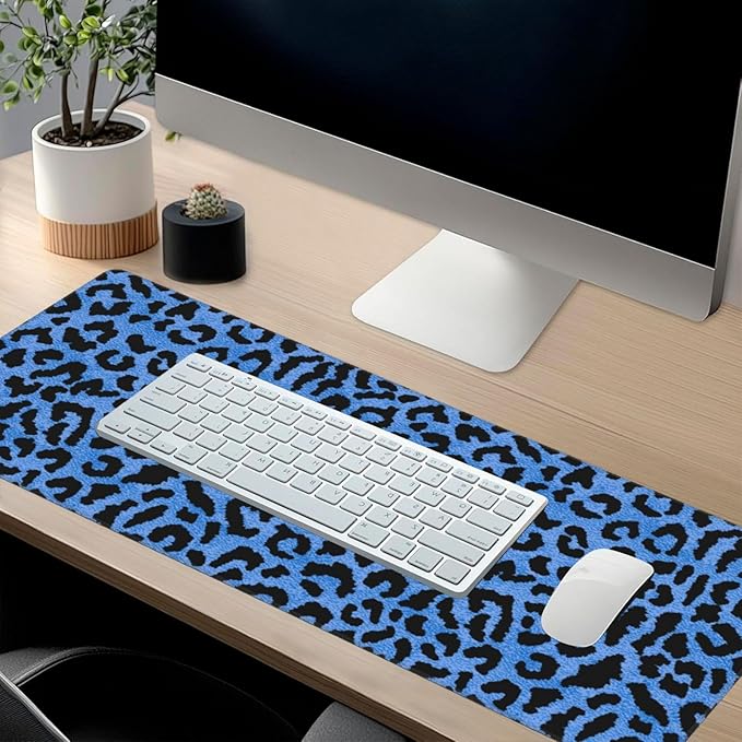 Blue Leopard Skin Print Mouse Pads XXL Extended Mousepad with Stitched Edges Non-Slip Rubber Base Computer Keyboard Pad Desk Mat for Home Office Desk Decor, 35.4" X 15.7"