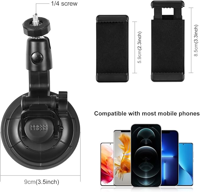 PULUZ Car Suction Cup Mount for GoPro/Insta 360/DJI Osmo Action Camera Vehicle Window & Windshield Mount Holder Camera Mount with 2.3-3.3 inch Phone Clamp & Tripod Adapter
