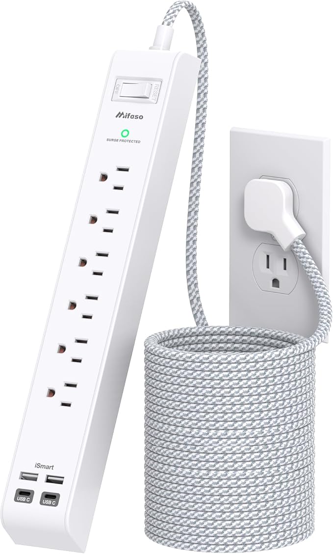 Surge Protector Power Strip 25FT, 10-in-1 with 6 AC Outlets 4 USB Ports(2 USB-C), Ultra Flat Plug Braided Extension Cord, Wall Mountable, 1080J Surge Protection, ETL Listed, White