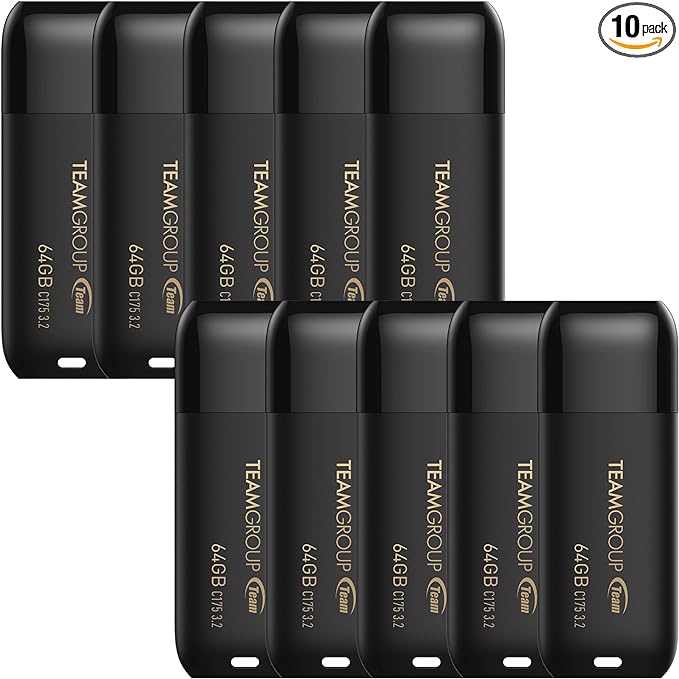 TEAMGROUP C175 64GB 10 Pack USB 3.2 Gen 1 (USB 3.1/3.0) Read 100MB/s Flash Thumb Drive, External Data Storage Memory Stick Compatible with Computer/Laptop Matte Black TC175364GB23