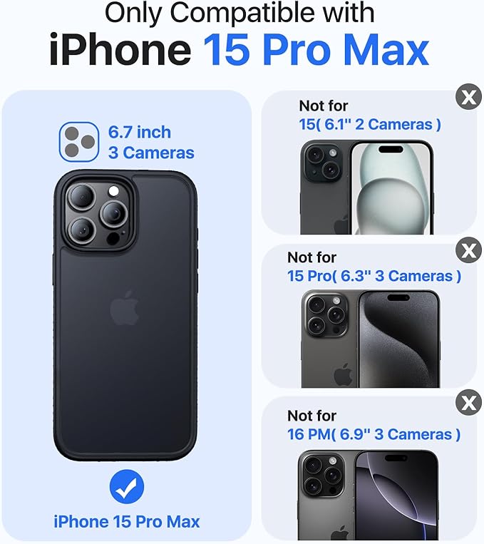 for iPhone 15 Pro Max Case, [Military-Grade Drop Protection][Anti-Yellowing] Shockproof Protective Translucent Matte Cover for iPhone 15 Pro Max Phone Case,Titanium Black