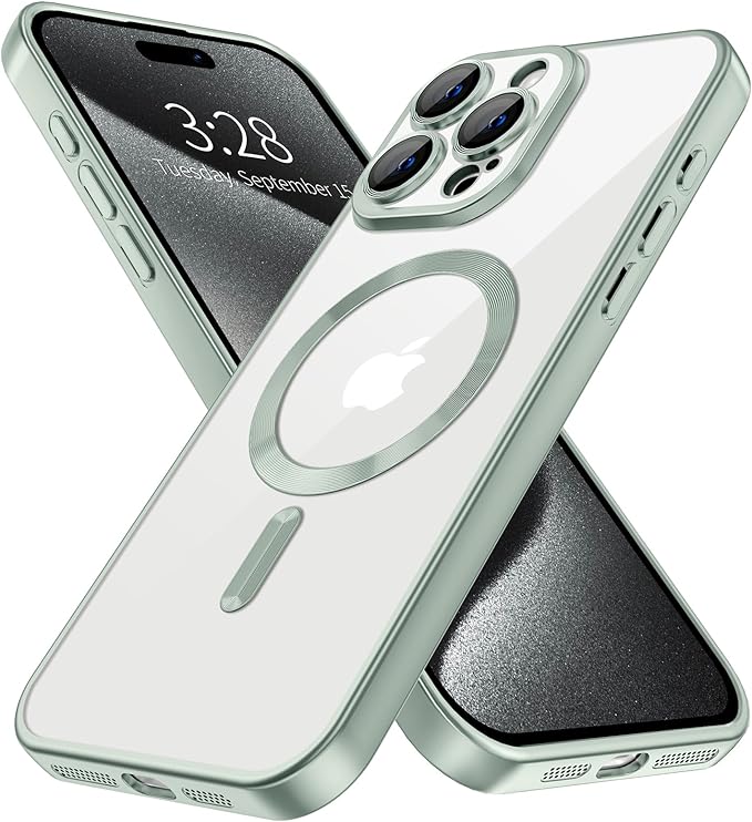 Hython Magnetic Clear for iPhone 15 Pro Max Case with Camera Lens Protector [Compatible with MagSafe] Plating Edge Slim Soft TPU Cover Protective Phone Case for iPhone 15 Pro Max 6.7", Matte Mint