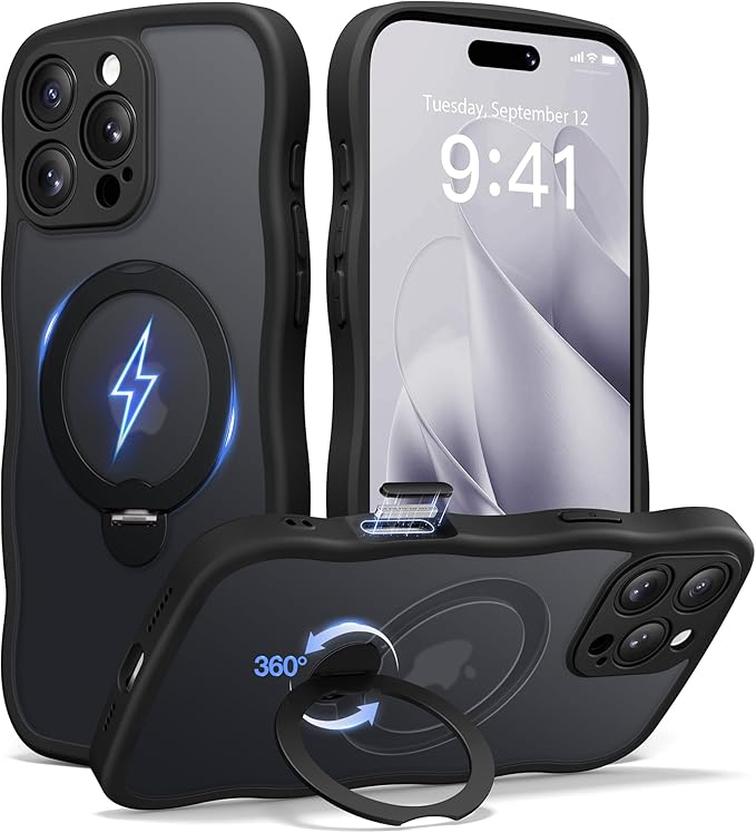 CAPRARO for iPhone 16 Pro Case with 360° Spin Magnetic Stand for Women, [Compatible with MagSafe] [Full Camera Protection] Cute Wave Translucent Matte Case for iPhone 16 Pro, Black