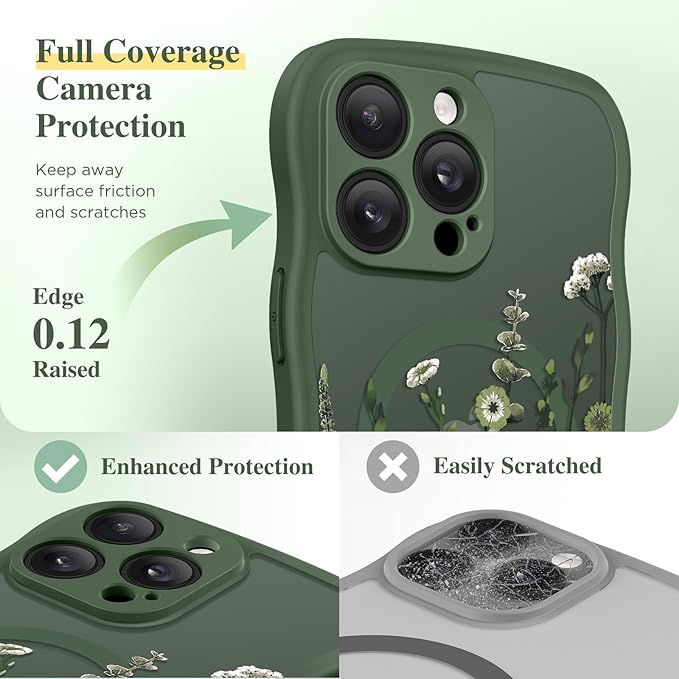 GVIEWIN for iPhone 14 Pro Case Compatible with MagSafe [Curly Wave Edge][Full Camera Protection] Floral Translucent Shockproof Magnetic Women Phone Case for 14 Pro, Floratopia/Forest Green