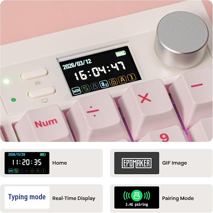 EPOMAKER QK108 Full Size Mechanical Keyboard with Screen & Knob, 8000mAh, Creamy&Thocky, Gasket, RGB Backlit, Mac Keycap, Wireless Gaming Keyboard for Mac/Win (Pink, Sea Salt Silent)
