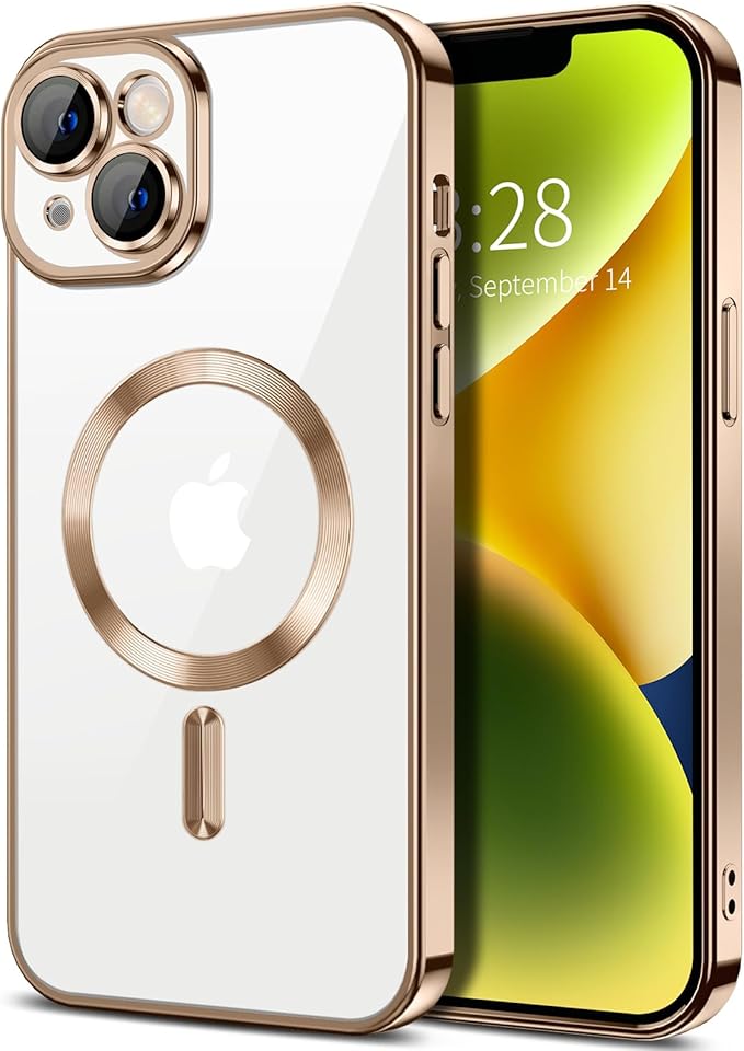 Hython Magnetic Clear for iPhone 14 Case with Camera Lens Protector [Compatible with MagSafe] Luxury Plating Edge Slim Soft TPU Cover Protective Phone Case for iPhone 14 6.1", Desert Brown