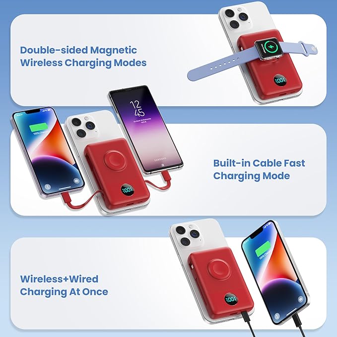 Magnetic Portable Charger for MagSafe with Built-in Cable,iWatch Charger,10800mAh Wireless Power Bank Travel Essentials,25W PD Fast Charging Battery Pack for iPhone 17/16/15/14/13/12,Apple Watch-Red