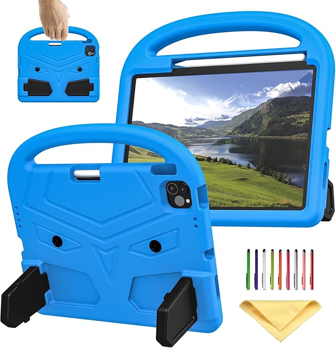 Kids Case for Apple iPad Air 11 inch M3/M2 & iPad Pro 11 inch M5/M4 (2025/2024) with Pencil Holder/Handle/Kickstand Lightweight Soft EVA Foam Shockproof Stand Girls Boys Cover, Blue Bird
