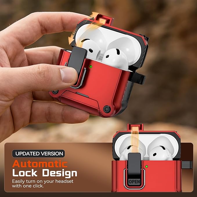 Inesore Compatible with AirPods 4 Generation Case,Secure Lock & Phone Stand Design,Compatible with MagSafe,Automatic Snap Switch Secure Cover for New AirPods 4th (2024)-Red