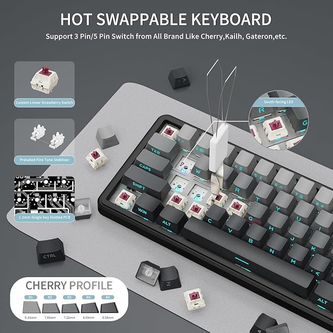 ATTACK SHARK X66 Wireless Mechanical Gaming Keyboard with Knob,Tri Mode USB-C/BT5.0/2.4G Gasket Mounted 60% RGB Gaming Keyboard, Side Printed PBT Keycap,Hot Swappable Strawberry Switch(Moonlight)