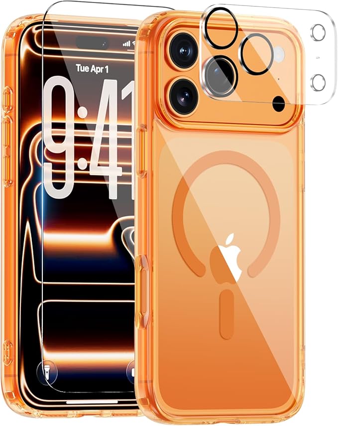 for iPhone 17 Pro Case, Compatible with MagSafe, Magnetic Slim Cover, Anti-Yellowing & Shockproof, Full Camera Protection, Includes Screen & Lens Protectors, Clear Orange Protective Case