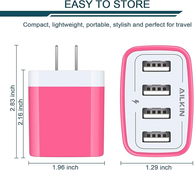 Wall Charger, USB Charger Adapter, AILKIN 4.8A 4Multi Port Fast Charging Station Power Base Block Plug Cube Brick for iPhone, iPad, Samsung Galaxy, Moto, Google Pixel, Kindle Fire Plug Cargador Carro