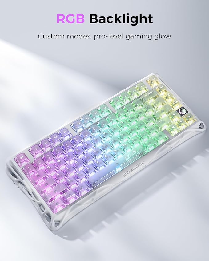 GravaStar Mercury K1 Lite 75% Gaming Keyboard, 2.4GHz/BT/Wired Tri-Mode Wireless Keyboard, Clear Keycaps Gasket Hot Swappable Mechanical Keyboard, Pre-lubed Linear Switches, RGB Backlit-Crystal Aurora