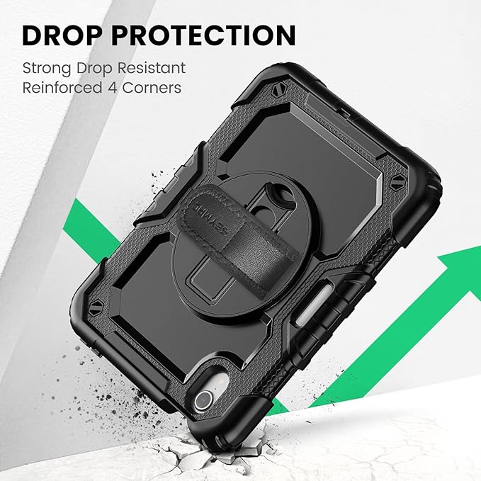 SEYMAC Case for iPad mini 7 (A17 Pro) 2024/ Mini 6 8.3″, Full-Body Shockproof Protective Case with Screen Protector, 360° Rotating Stand, Hand/Shoulder Strap for iPad mini 7th/ 6th Generation, Black