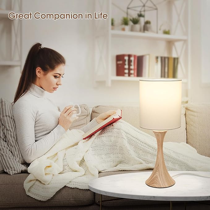 Bedside Touch Lamp, 3 Way Dimmable Touch Control Table Lamp, Wood Grain Farmhouse Table Lamp, Modern Nightstand Lamp with White Shade for Bedroom, Dorm, Office, 3000K LED Bulb Included