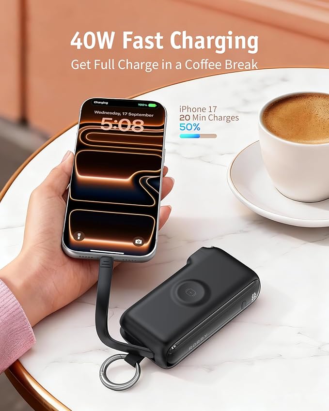RORRY Flow Portable Charger, 10000mAh 40W Fast Charging Power Bank with Built-in USB C Cable and Foldable Wall Plug, Battery Pack Travel Essentials for iPhone 17/16/15, Apple Watch, iPad, MacBook