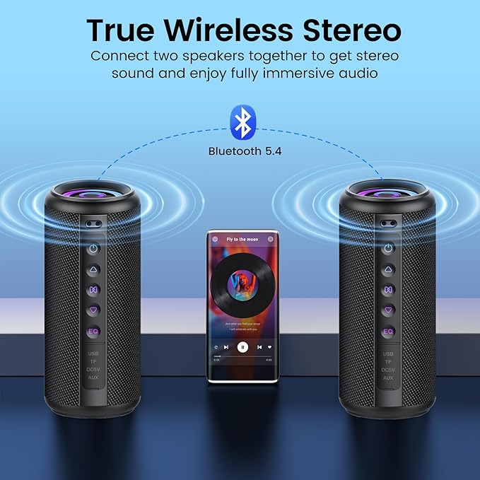 Portable Bluetooth Speaker, 2026 Bluetooth 5.4 Wireless Speaker with 20W HD Loud Stereo Sound, TWS Pairing, 20H playtime, RGB Lights, IP7, Built-in Mic, for Outdoor, Home, Beach, Party, Gift, Black