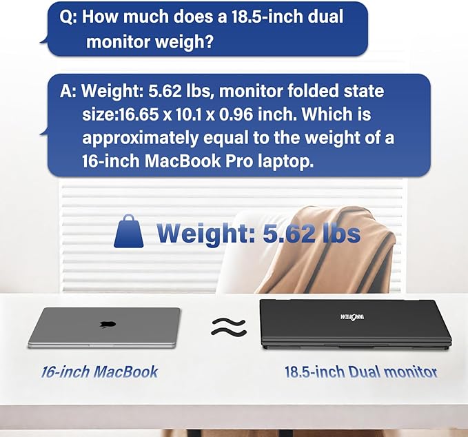 InnoView 18.5" Dual Portable Monitor 100Hz 2K 2560x1600P 100% sRGB Foldable & Stackable Design with 315° Screen Adjustment | DP/USB-C/HDMI, Second Monitor for Laptop, Mac, Windows