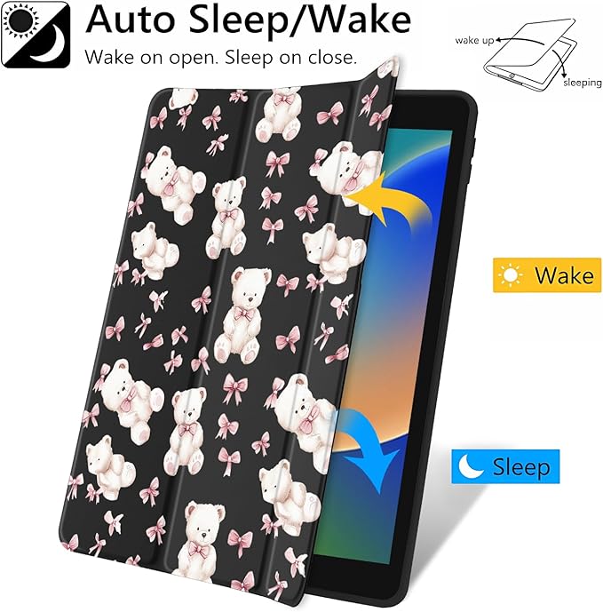JOYLAND Cute Pink Bear Bow Case for iPad Pro 12.9" 6th/5th/4th/3rd Generation (2022/2021/2020/2018),Girly Kawaii Animal Clear Acrylic Hard Back Black Case with Pencil Holder Trifold Stand Tablet Cover