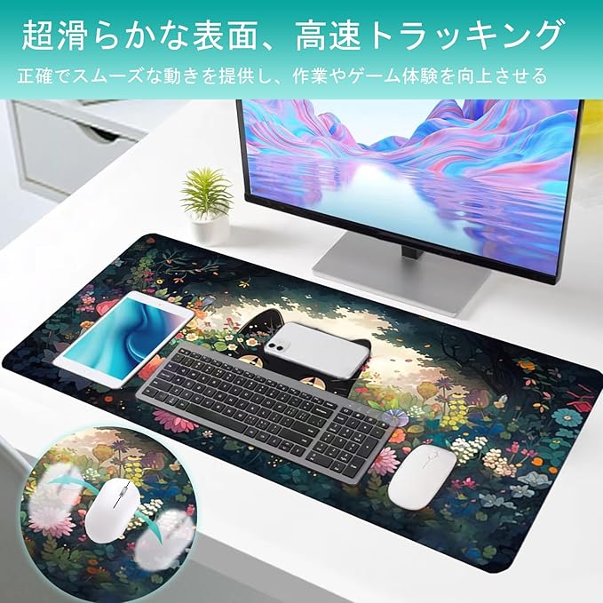 Gaming Mouse Pad XXL Extended Anime Mouse Pad 31.5x11.8 inch, Large Cute Kawaii Big Computer Mouse Mat Desk Pad with Non-Slip Rubber Base and Stitched Edge for Home Office-Flowers Cat