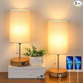 Lakumu Set of 2 Table Lamps with 2 USB Ports, Modern Bedside, Desk Lamps with Pull Chain, Nightstand Lamps with Cream Fabric Shade and Oak Metal Base for Living Room Bedroom Office Reading Dorm Hotel