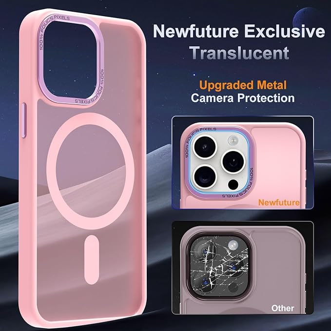 Newfuture Upgraded Magnetic for iPhone 15 Pro Max Case [Compatible with Magsafe] [Mil-Grade Protection], Pocket-Friendly, Slim Translucent Phone Case Cover for iPhone 15 Pro Max 6.7", Tender Pink