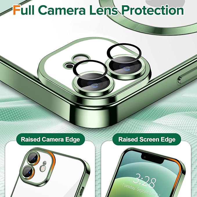 Hython Magnetic Clear for iPhone 12 Case with Camera Lens Protector [Compatible with MagSafe] Luxury Plating Edge Slim Soft TPU Cover Protective Phone Case for iPhone 12 6.1", Deep Green