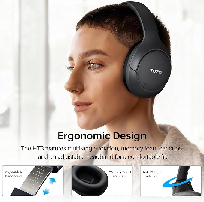 TOZO HT3 Hybrid Noise Cancelling Headphones, 90H Battery Life Wireless Over Ear Bluetooth 6.0 Foldable Headset, AI Voice Assistant with 5 Mics, Connect 2 Devices and Hi-Res Sound, 32 EQ Audio Presets