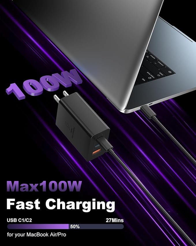 USB C Super Fast Phone Charger 100W, 65W GaN Type C Charger Fast Charging Block with 10ft USB C Charging Cable for Samsung Galaxy S26 Ultra/S26/S26+,MacBook Pro/Air,iPhone/iPad Pro[2 Pack]-Black