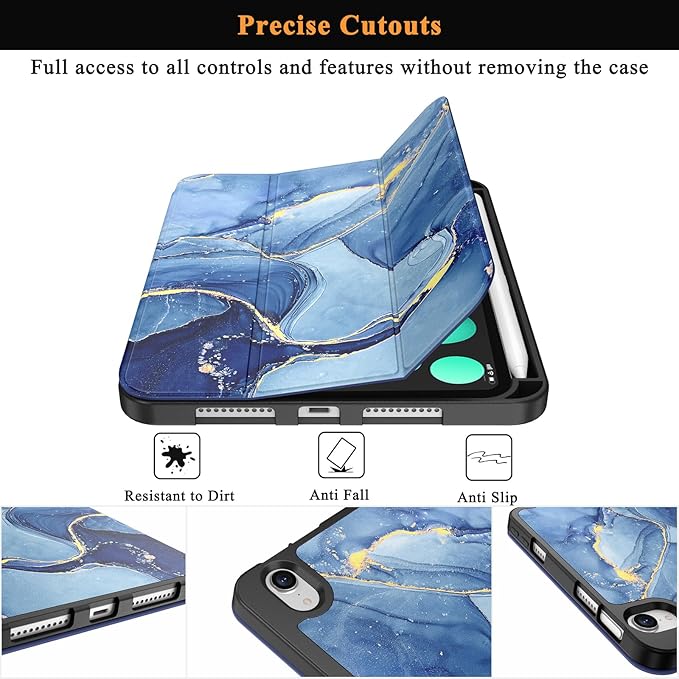 Soke Case for iPad mini 7(A17 Pro) 2024/iPad Mini 6 2021 8.3 inch with Pencil Holder-[Pencil Charging + Auto Wake/Sleep], Soft TPU Back Cover for iPad mini 7th/6th Generation(Ocean Marble)