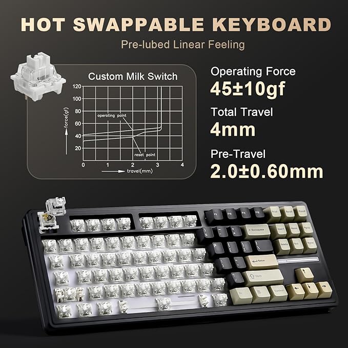 YUNZII YZ87 Gasket Mechanical Keyboard,TKL Wireless Hot Swappable with 5-Layer Padding, BT5.0/2.4G/USB-C NKRO RGB Backlit for Win/Mac (Black, Milk Switch)