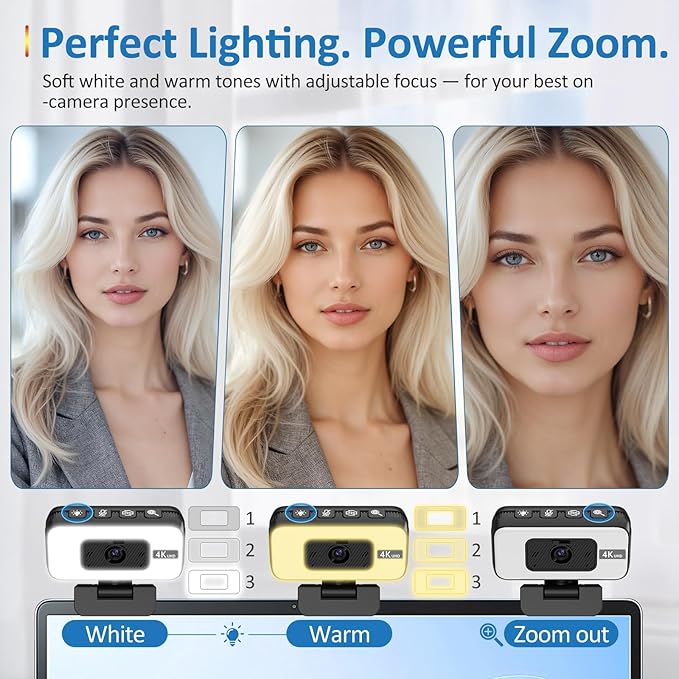 4K Webcam for Loptop, Web Camera with Light, AI PDAF AutoFocus, Zoom, Noise Canceling Microphone for PC Mac Streaming