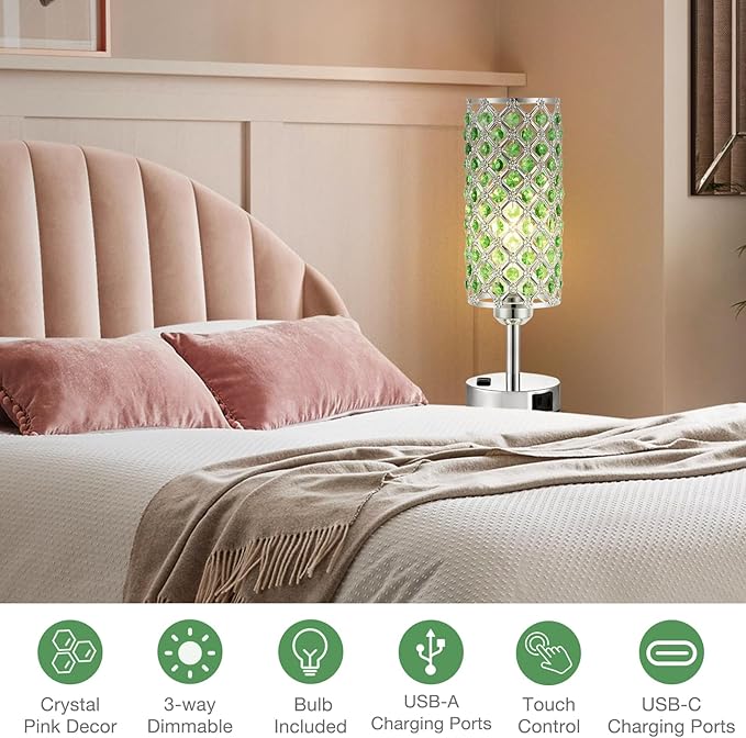Hong-in Green Crystal Lamp Touch Control Set of 2, Crystal Table Lamps with USB C+A Ports & AC Outlet, 3-Way Dimmable Nightstand Touch Lamp, Modern Bedside Table Lamp for Bedroom(Bulbs Included)
