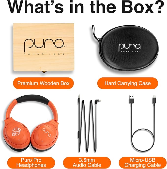 Puro Sound Labs PuroPro Universal Hybrid Active Noise Cancelling Headphones, Volume Limiting, Hi-Res Audio, 32h Playtime, Pc Wireless Headset with Mic, Over Ear Headphone for Travel & Work – Orange