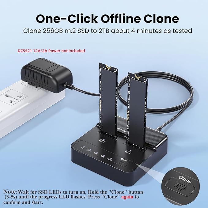 Cloner Dual-Bay NVME M.2 M-Key to USB-C Type-C One-Click Offline Clone Backup Enclosure 20Gbps Hyper Vertical Duplicator