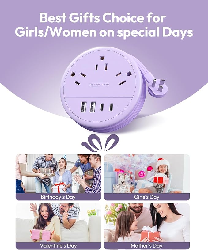 NTONPOWER Purple Travel Power Strip with 3 AC Outlet 4 USB(2 USB C), Dorm Room Essentials 4FT Flat Extension Cord, Purple Desk Accessories Compact fo for Hotel Travel Cruise Essentials