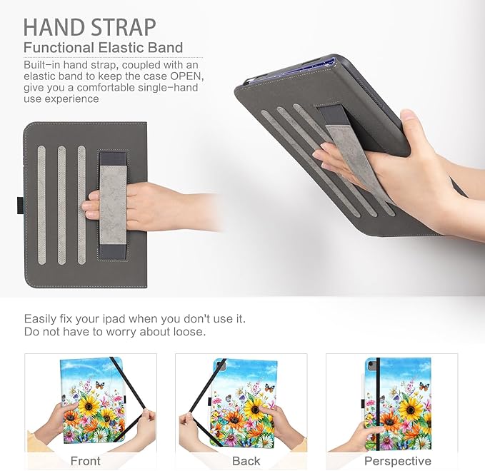 Case for iPad Air 13-inch M4/M3/M2, iPad Pro 12.9 6th/5th/4th/3rd Generation Case with Pencil Holder Multi-Angle Adjustable Stand Shockproof Pocket/Hand Strap/Auto Wake Sleep Sunflowers Butterfly