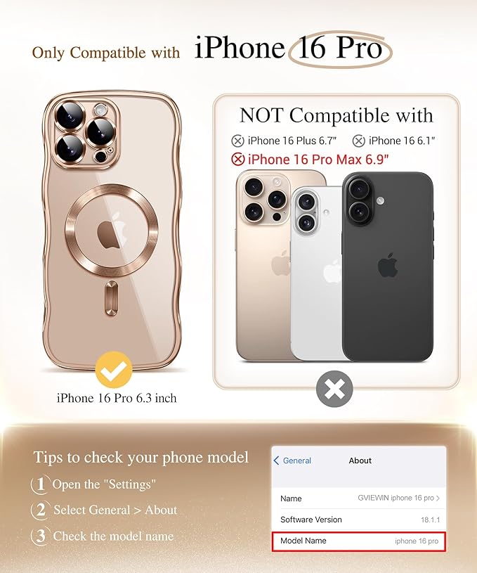 GVIEWIN for iPhone 16 Pro Case Compatible with MagSafe, Upgraded [Full Camera Protection][Cute Wave Frame][Military Grade Protection] Electroplated Soft Phone Cover for Women Girl, Clear/Rose Gold