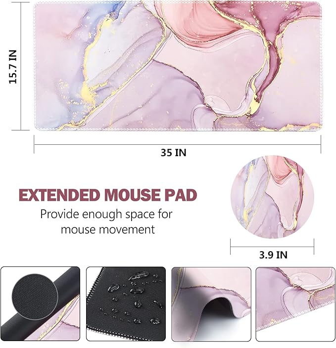 AIMSA Extended Gaming Mouse Pad, XL Large Keyboard Mouse Mat Desk Pad with Stitched Edges, Durable Non-Slip Base Mousepad for Home Office Work, 35x15.7inch, Pink Purple Marble