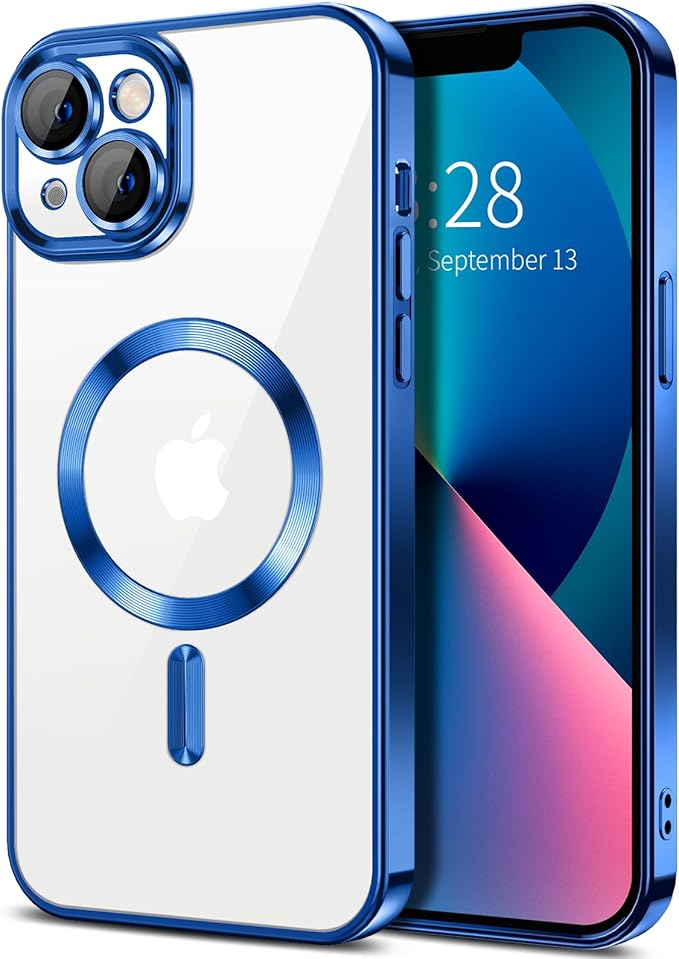 Hython Magnetic Clear for iPhone 13 Case with Camera Lens Protector [Compatible with MagSafe] Luxury Plating Edge Slim Soft TPU Cover Protective Phone Case for iPhone 13 6.1", Deep Blue