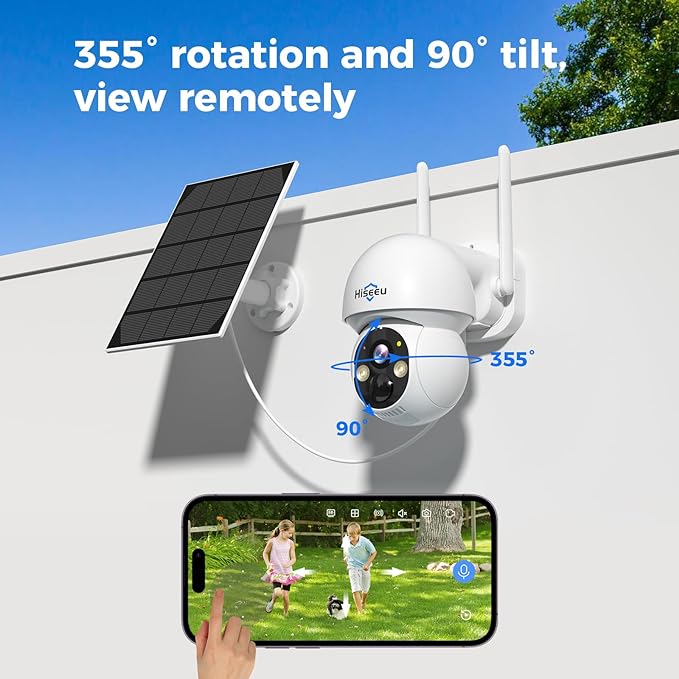 Hiseeu Solar Security Camera, 2PCS 4MP Wireless WiFi Camera Outdoor, PTZ 360° View, PIR Motion Detection, Color Night Vision, IP66, 2-Way Audio, 2.4G WiFi, No Monthly Fee