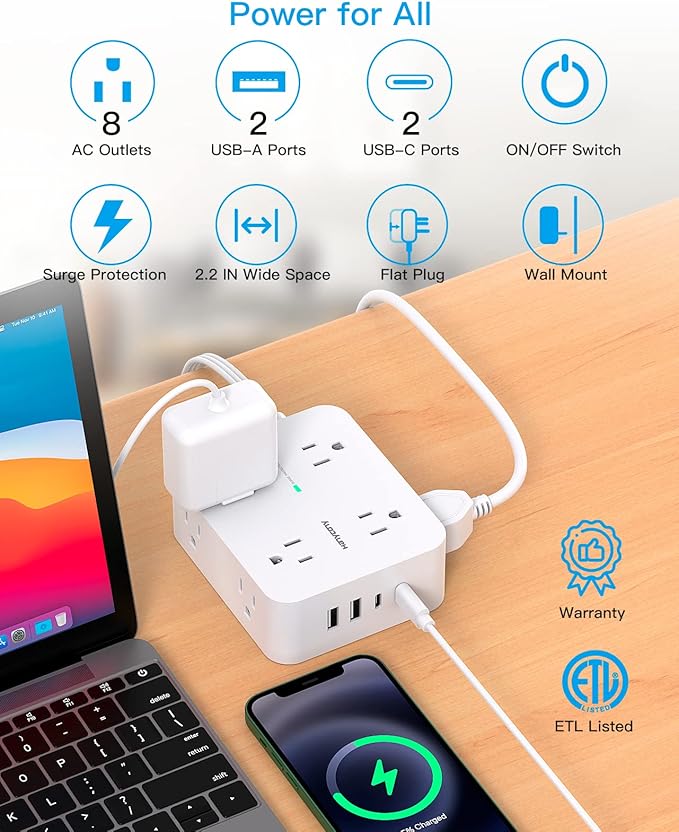 Extension Cord 10 Ft, Ultra Thin Flat Plug Power Strip Surge Protector with 8 Outlets 4 USB Ports (2 USB C), HANYCONY Outlet Extender Desk Charging Station for Home Office Dorm Room Essentials