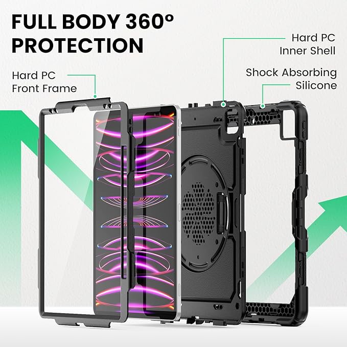 SEYMAC Case for iPad Pro 12.9 2022/2021/ 2020/2018, Heavy Duty Protection Shockproof Case with Screen Protector, 360° Rotating Stand/Handle/Shoulder Strap, Supports Pencil 2 Charging, Black