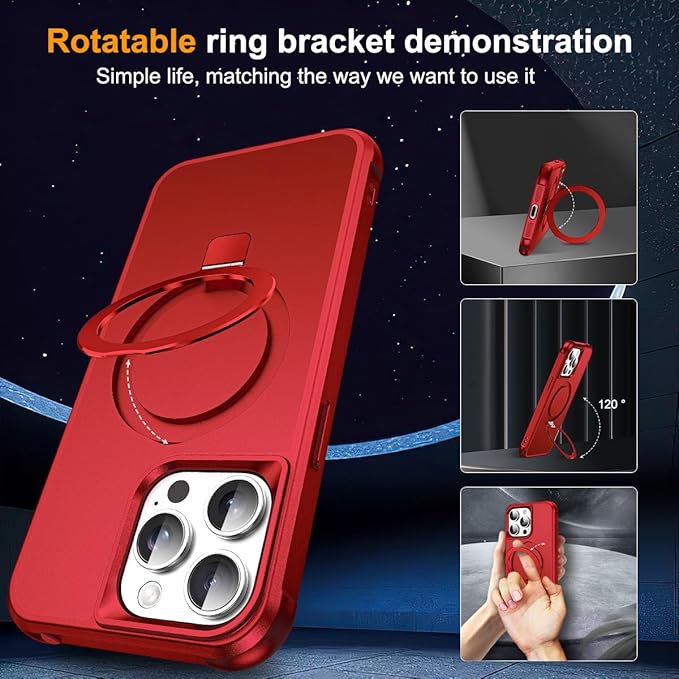 SKYLMW Compatible with iPhone 15 Pro Max Case with Invisible Magnetic O-Ring Stand Military-Grade Case for iPhone 15 ProMax 6.7" [Compatible with Mag-Safe][Great Grip Feeling], Red