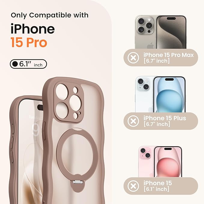 CAPRARO for iPhone 15 Pro Case with 360° Spin Magnetic Stand for Women, [Compatible with MagSafe] [Full Camera Protection] Cute Wave Translucent Matte Case for iPhone 15 Pro, Brown