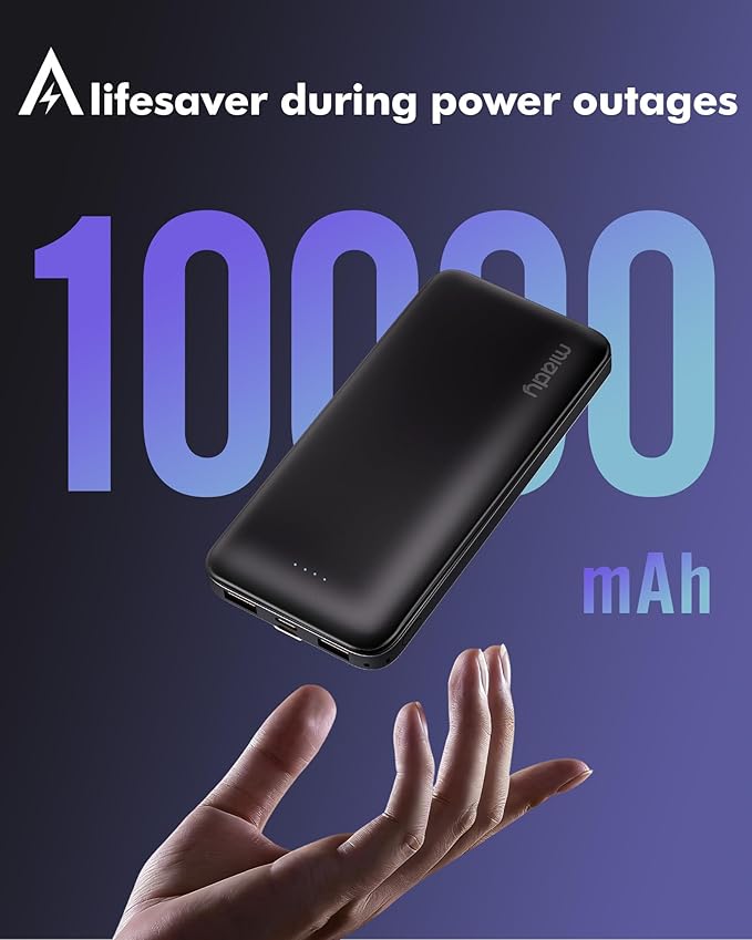 Miady 2-Pack Portable Charger, Slim 10000mAh Power Bank Travel Battery Pack 3 Outputs 2 Inputs Compatible with iPhone 17/16/15/14/13 Galaxy S24/22 iPad Android etc (2 White)