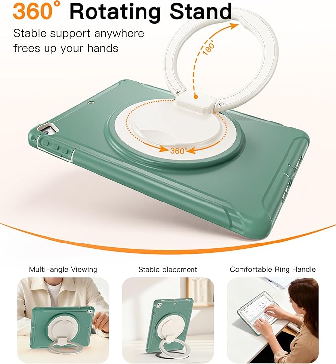 BATYUE Case for iPad 6th Generation 9.7 inch 2018, iPad 5th Gen 2017, iPad Air 2/ iPad Pro 9.7'',Shockproof Protective Cover with Pencil Holder &Rotating Kickstand,for Kids,Boys,Girls (Emerald Green)